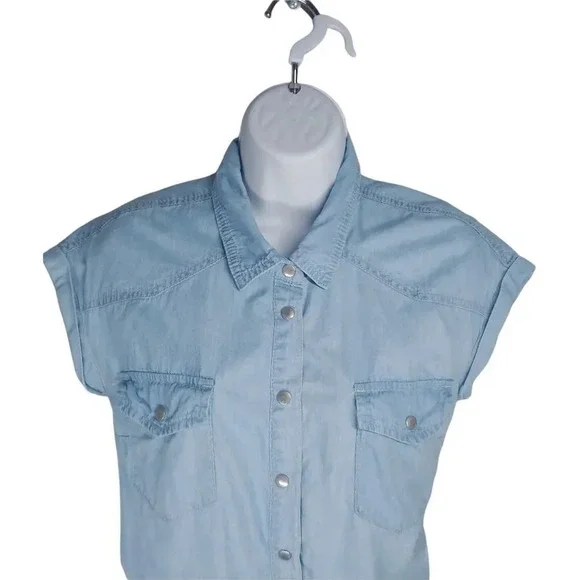 Revamped by Sirens Denim Romper Jumpsuit Blue Cuffed Leg XS - Picture 2 of 8